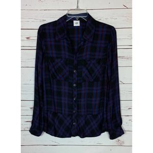 CAbi Women's S Small Moody Black Blue Burgundy Plaid Button Top Blouse #3431